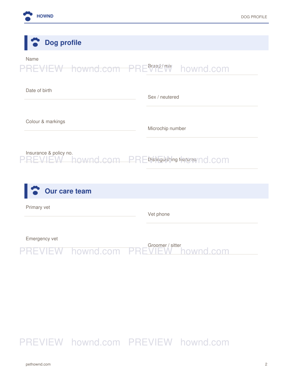 Dog Health & Records Planner — sample page 2