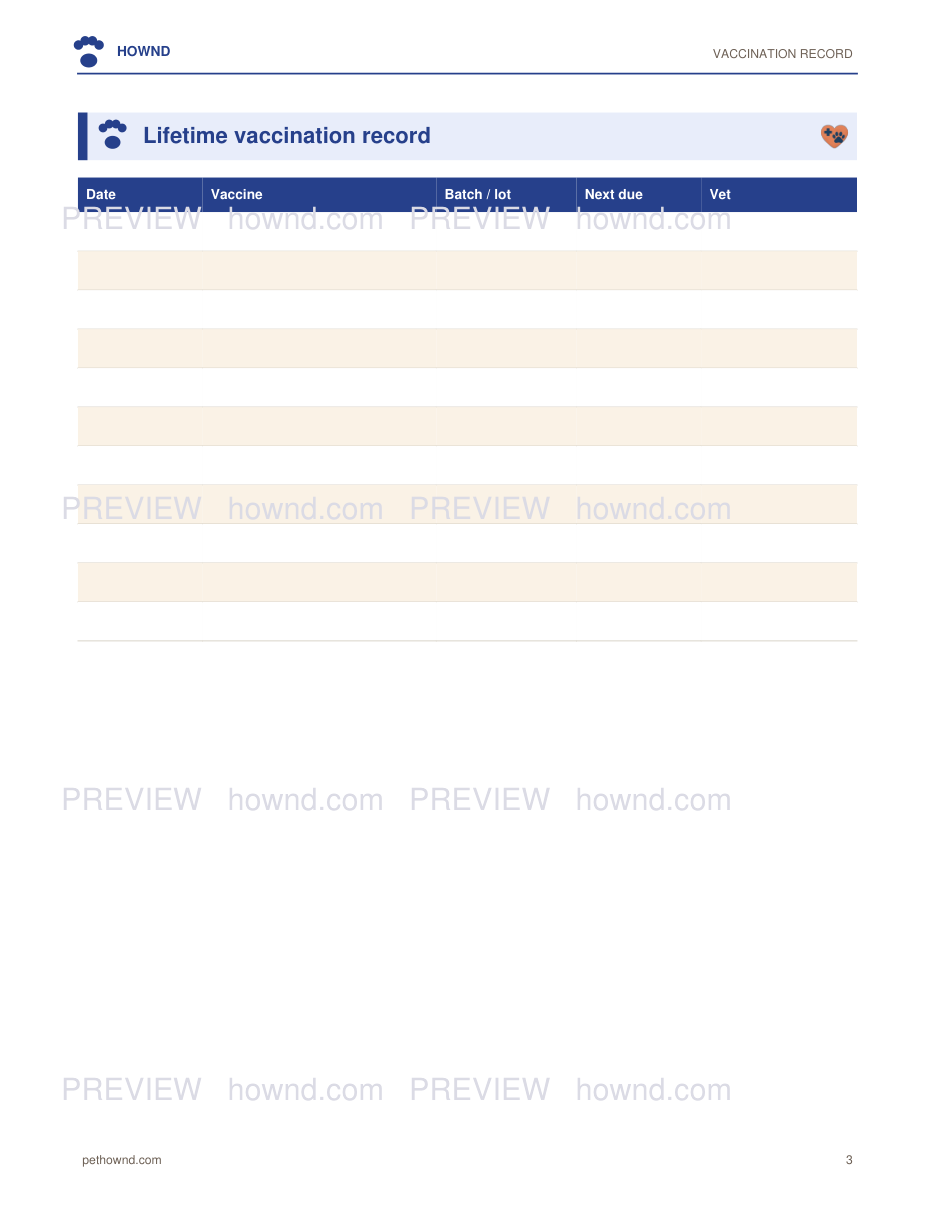 Dog Health & Records Planner — sample page 3